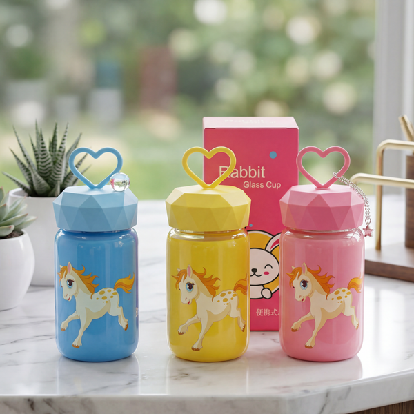 Unicorn Glass Bottle (1pc) - 340ml (Random Design) Designed to prevent leaks and made without BPA.| Ideal for school, cycling, outdoor sports, and fitness.