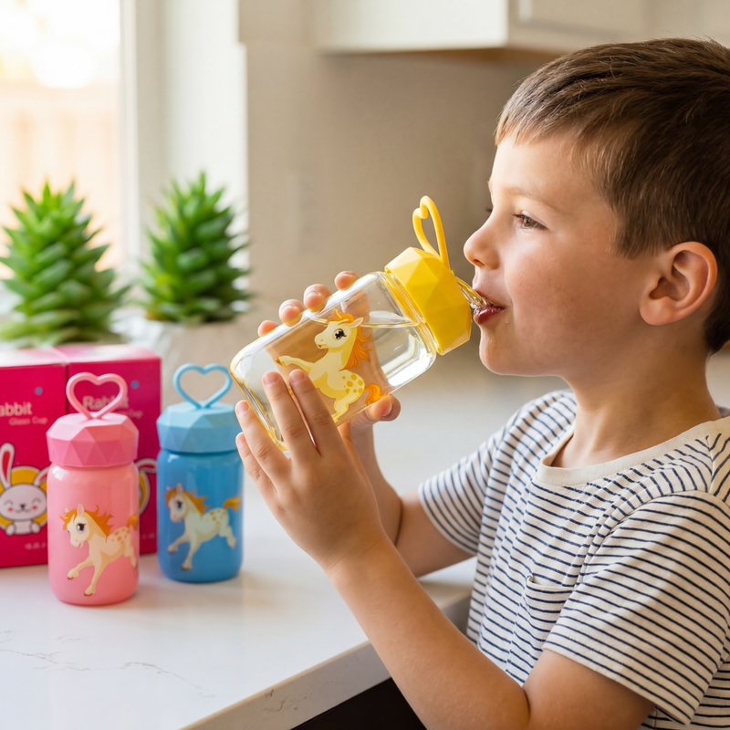 Unicorn Glass Bottle (1pc) - 340ml (Random Design) Designed to prevent leaks and made without BPA.| Ideal for school, cycling, outdoor sports, and fitness.