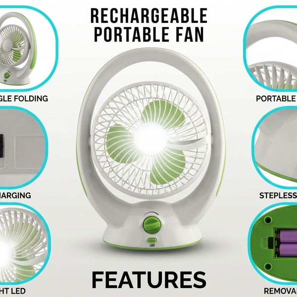 Rechargeable AC/DC Table Fan with LED Light, 180° Folding, 6