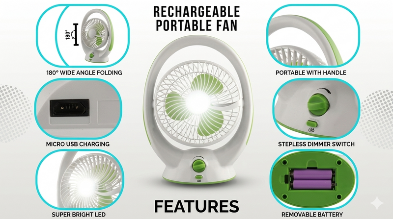 Rechargeable AC/DC Table Fan with LED Light, 180° Folding, 6