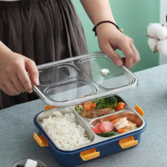 3 Compartment Transparent Stainless Steel Lunch Box with a Spoon and a Pair of Chopsticks (1 Set)