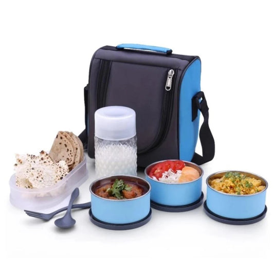 Stainless Steel Lunch Box 3 Container and 1 Casserole Set with Plastic Bottle 2 Spoon Tiffin Box with Bag