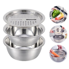 Stainless Steel Mirror Finish 3-in-1 Multipurpose Drain Basket- Grater- Basin Bowl; Vegetable Slicer For Kitchen Cutting|for Fruits And Other Items|Outer Diameter- 26 Cm,Silver