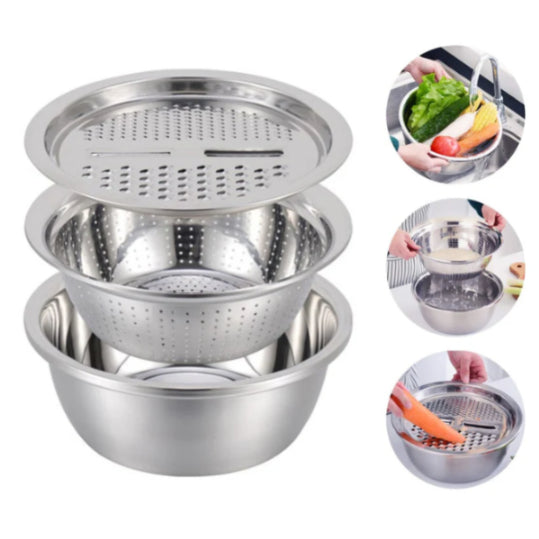 Stainless Steel Mirror Finish 3-in-1 Multipurpose Drain Basket- Grater- Basin Bowl; Vegetable Slicer For Kitchen Cutting|for Fruits And Other Items|Outer Diameter- 26 Cm,Silver