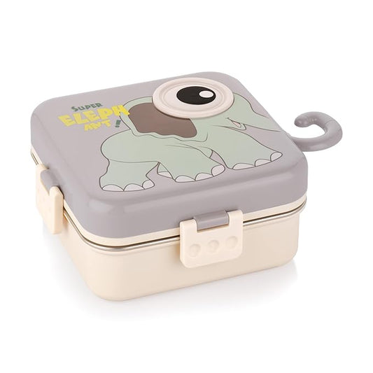 Laxson Elephant Lunch Box SS 3C Multi Compartment Eye Design Stainless Steel Lunch Box With Spoon Cup 1120ml+70ml- Grey