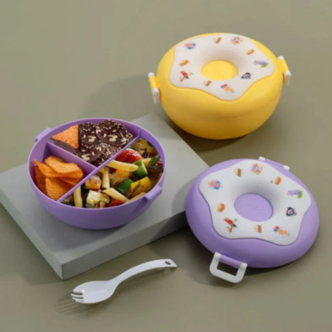 Donut Shaped Double Insulated 3 Compartment Plastic Lunch Box (1 Pc / Mix Color)