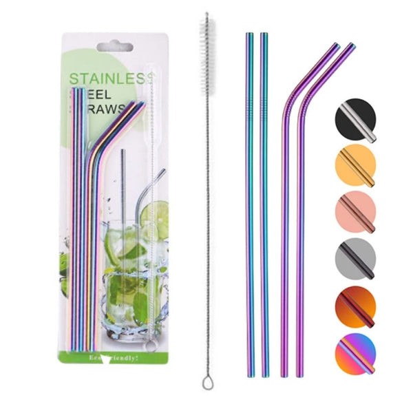 Multi-Color Stainless Steel Straws with Cleaning Brush Bent/Straight Reusable Metal Straws