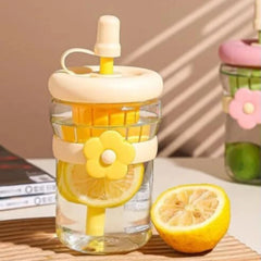 Straw Glass Floweer Tumbler 500ml