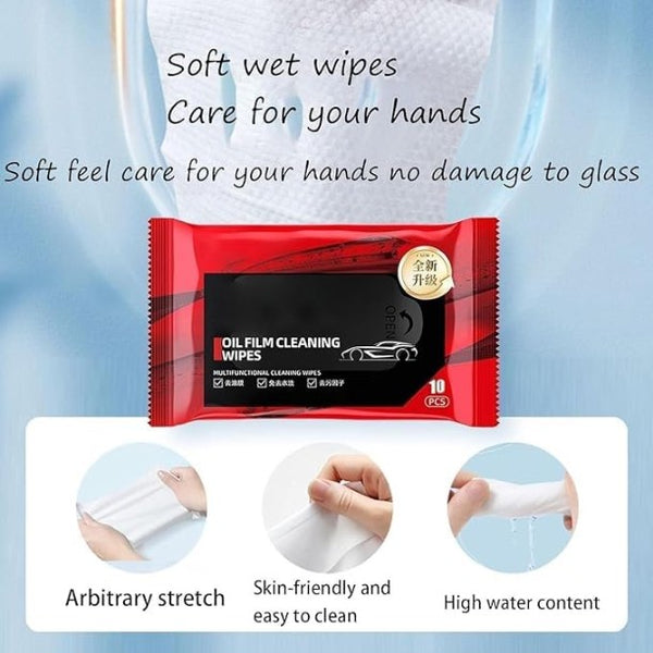 Car Glass Oil Film Removal Wipes pack of 10 pcs, Automotive Oil/Fog Cleaning Wipes for Windshield, Window Wipes Car Glass Cleaner Wipes, Multifunctional Wet Wipes