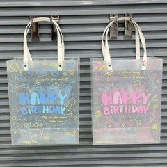 Happy Birthday Transparent PVC Tote Bag | Cute Cartoon Gift & Shopping Handbag – Blue & Pink (Pack of 2)