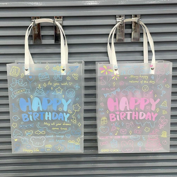 Happy Birthday Transparent PVC Tote Bag | Cute Cartoon Gift & Shopping Handbag – Blue & Pink (Pack of 2)