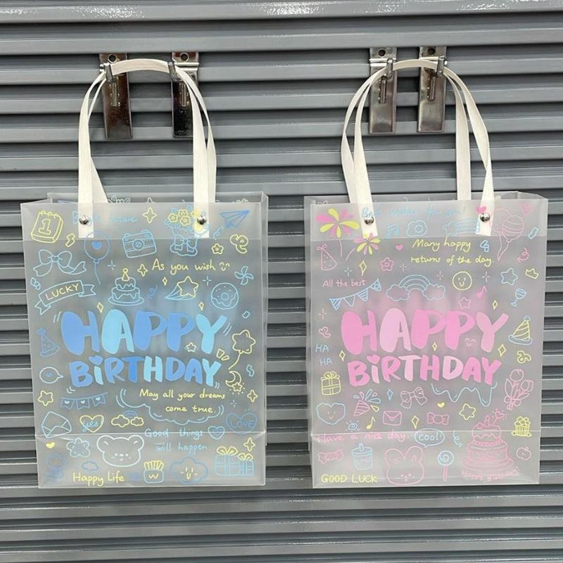 Happy Birthday Transparent PVC Tote Bag | Cute Cartoon Gift & Shopping Handbag – Blue & Pink (Pack of 2)