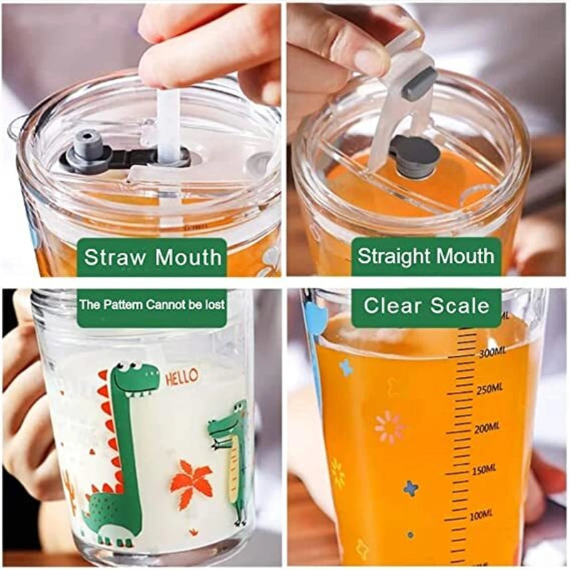 Drinking Glass Cup With Silicone StrawGlass Measuring Drinking Mug with Handle and Clear Lid with Silicone Straw for Girls & Boys Multiple Usage 350 ml