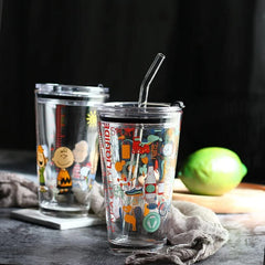 Drinking Glass Cup With Silicone StrawGlass Measuring Drinking Mug with Handle and Clear Lid with Silicone Straw for Girls & Boys Multiple Usage 350 ml