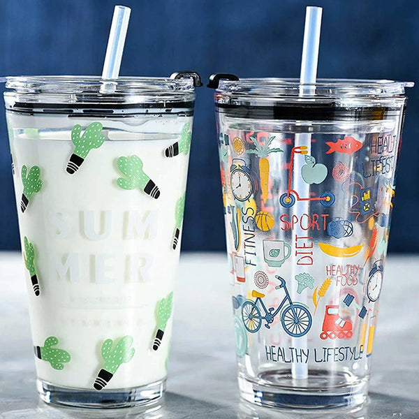 Drinking Glass Cup With Silicone StrawGlass Measuring Drinking Mug with Handle and Clear Lid with Silicone Straw for Girls & Boys Multiple Usage 350 ml