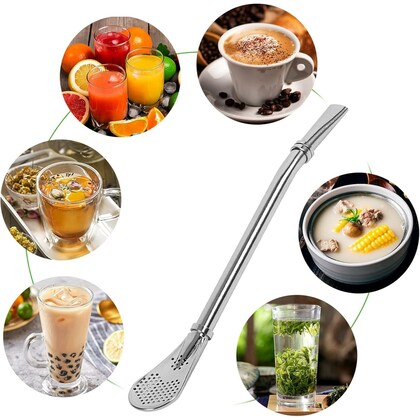 2 in 1 Drinking Straws with Filter Spoon, Stainless Steel Reusable, Leaf Tea Coffee Stirrer Stick, Cocktail Strainer Pipe Stirring Spoon Straws, Filter Spoon
