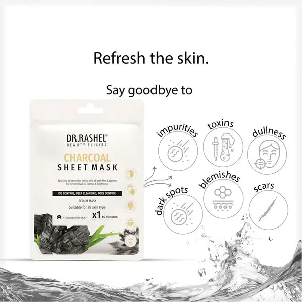 DR.RASHEL Charcoal Face Sheet Mask With Serum For Women and Men | All Skin Types | Soft and Healthy Skin | Deep Cleansing & Oil Control | Repairing & Nourishment | Soothing And Hydrating | Paraben Free | Pack Of 1