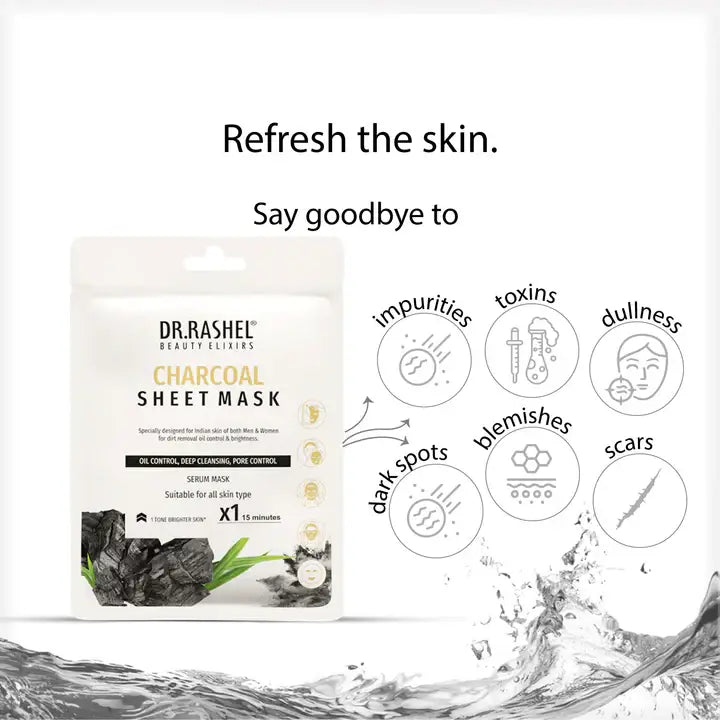 DR.RASHEL Charcoal Face Sheet Mask With Serum For Women and Men | All Skin Types | Soft and Healthy Skin | Deep Cleansing & Oil Control | Repairing & Nourishment | Soothing And Hydrating | Paraben Free | Pack Of 1